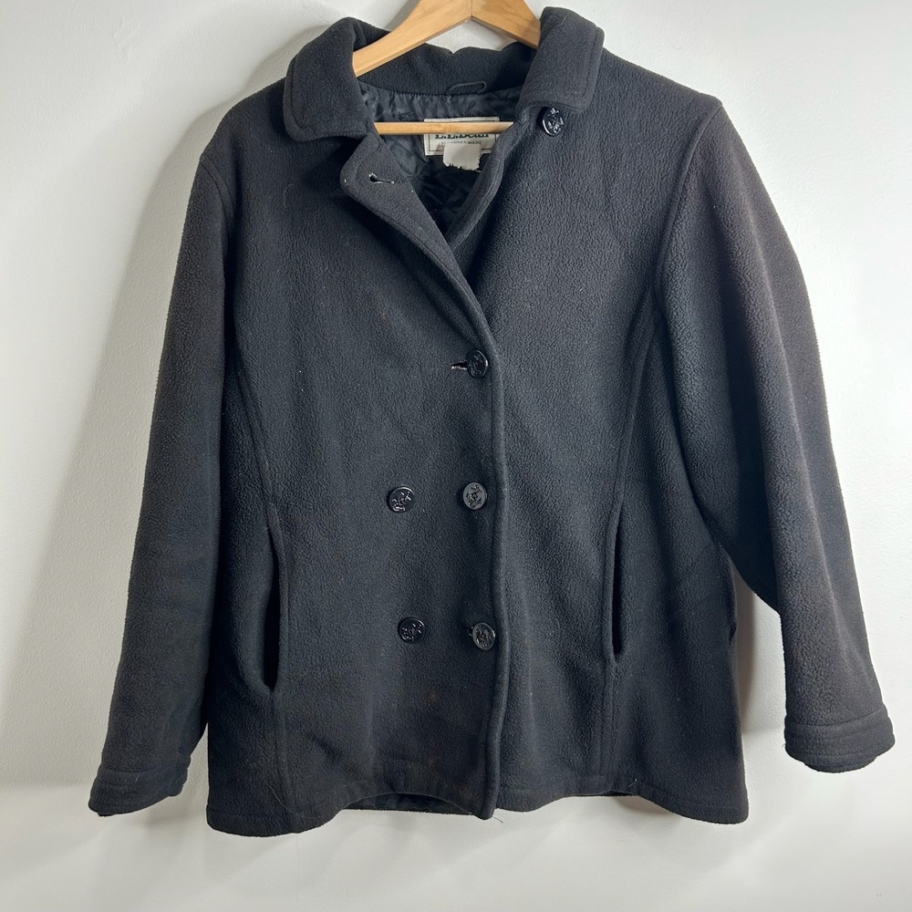 VTG LL‎ Bean Black Fleece Double Breasted Pea Coat Jacket Womens M Warm Winter
